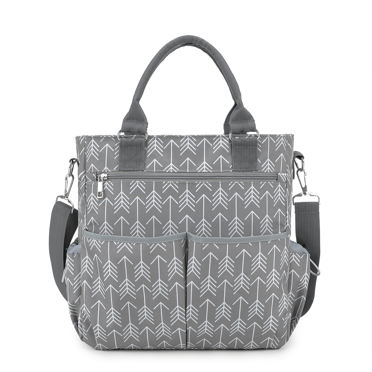 gray arrow pattern polyester diaper bag tote with dark gray handles front zipper storage and side bottle pockets