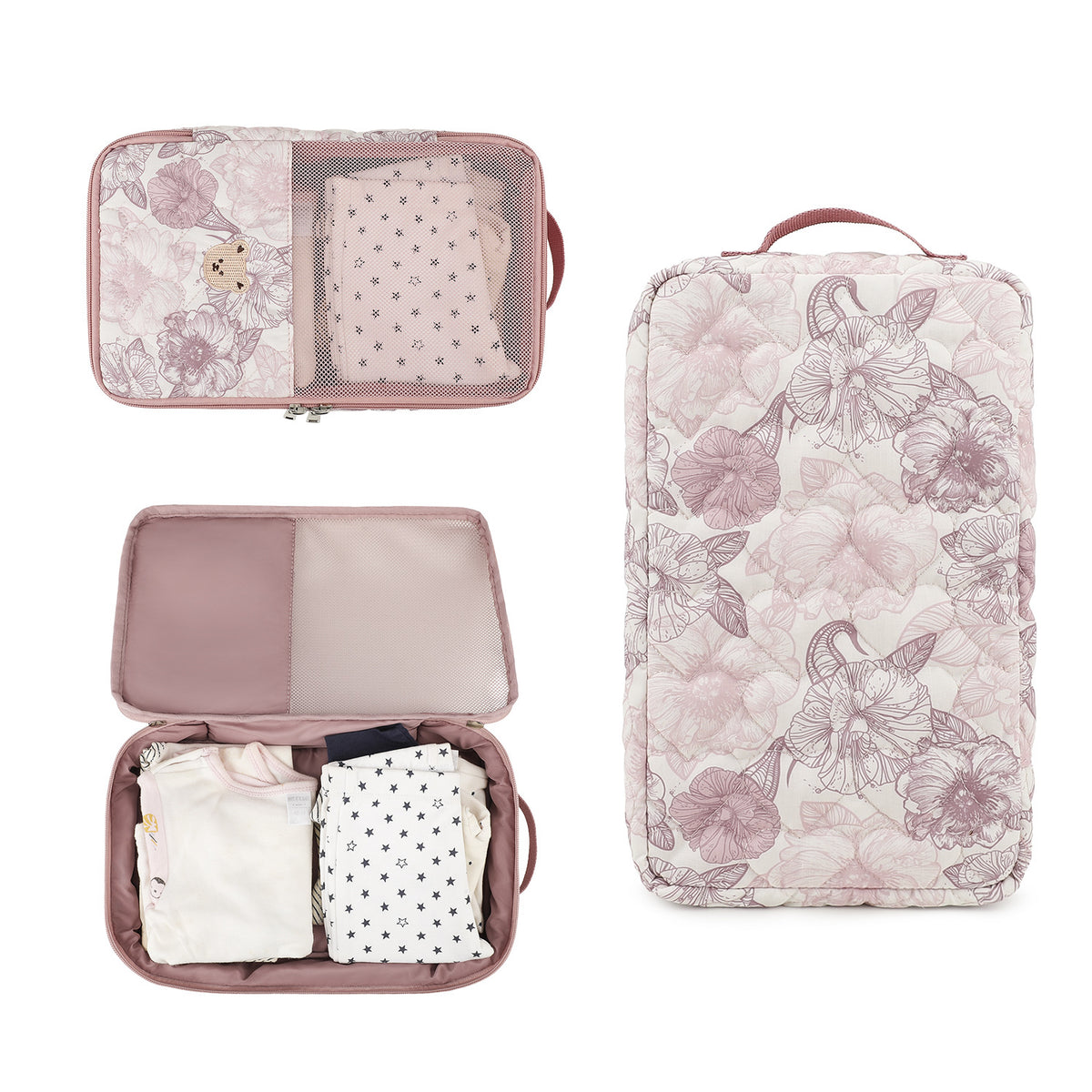 baby travel organizer pouch showing mesh storage panel open main compartment filled with baby clothes and floral back panel