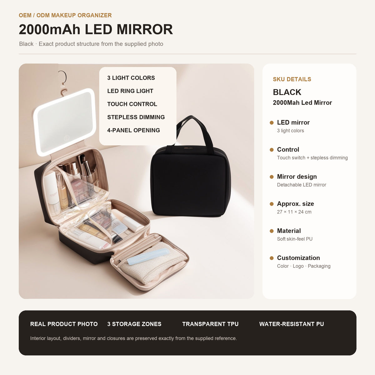 black makeup bag with 2000mah detachable led mirror touch control and three connected storage sections