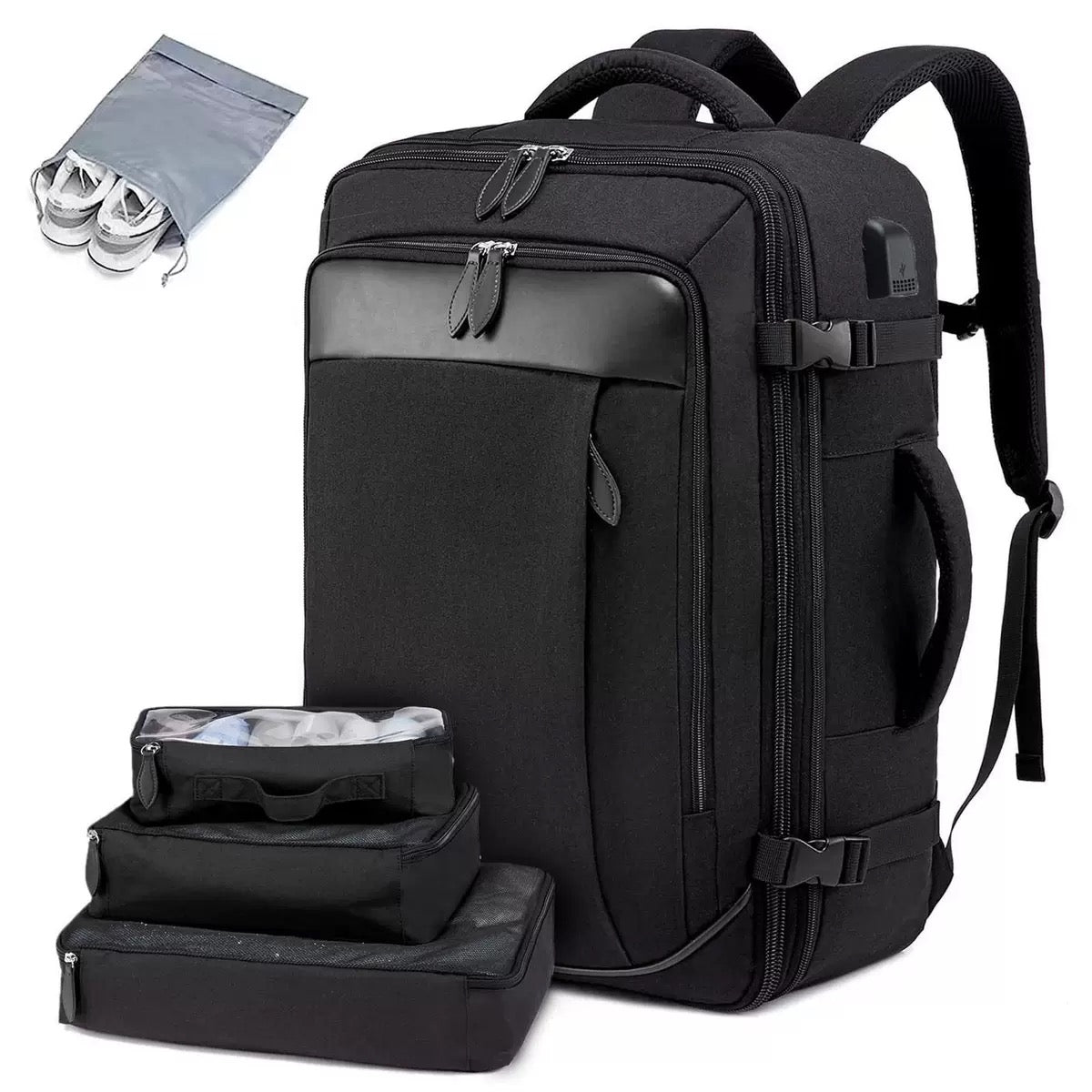 black #2 expandable carry on travel backpack with organized storage compartments