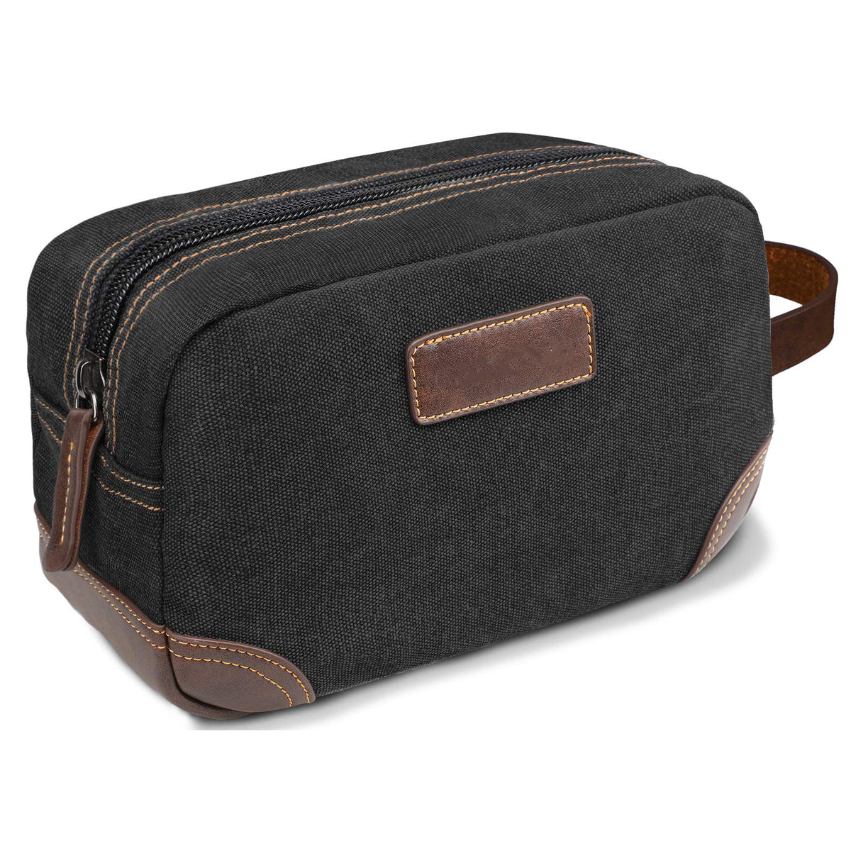 black canvas toiletry bag with leather accents for men