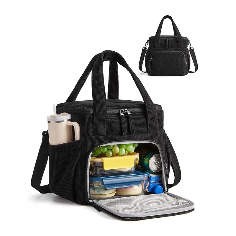 black corduroy insulated lunch box cooler with dual storage compartments front access opening and removable shoulder strap