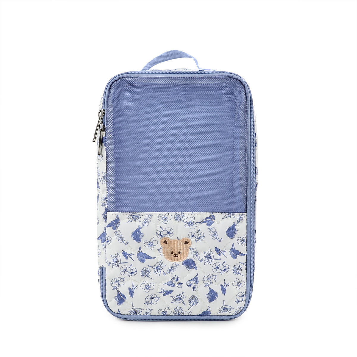 blue floral baby clothes organizer pouch with light blue mesh panel small bear embroidery and zippered edges
