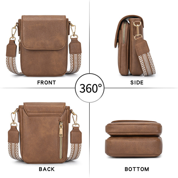 four views of brown crossbody phone bag showing front flap side zipper back pocket and flat base