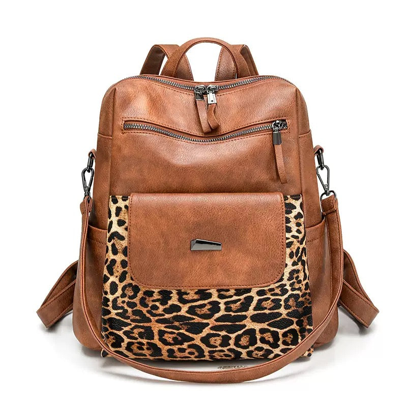 brown leopard print pu womens backpack with animal print front pocket and magnetic flap