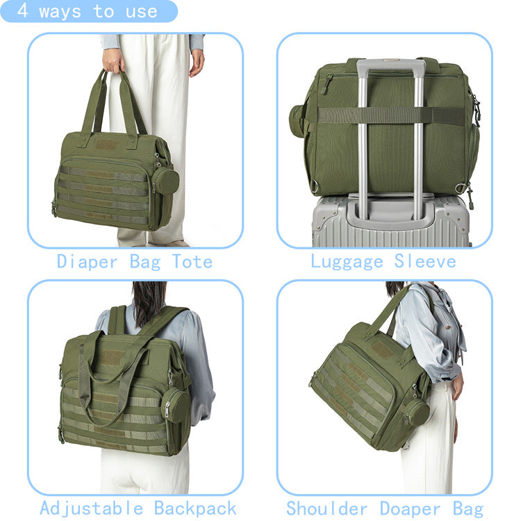 convertible diaper bag tote showing hand carry luggage pass through sleeve backpack carry and shoulder carry options