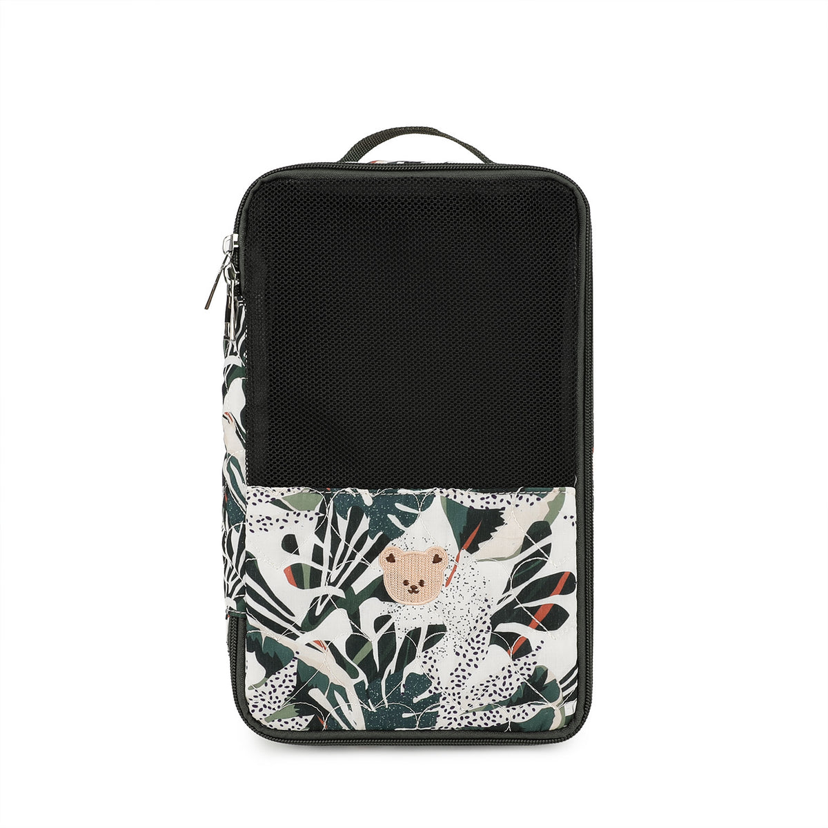 dark botanical baby clothes organizer pouch with black mesh upper section green leaf print and small bear patch