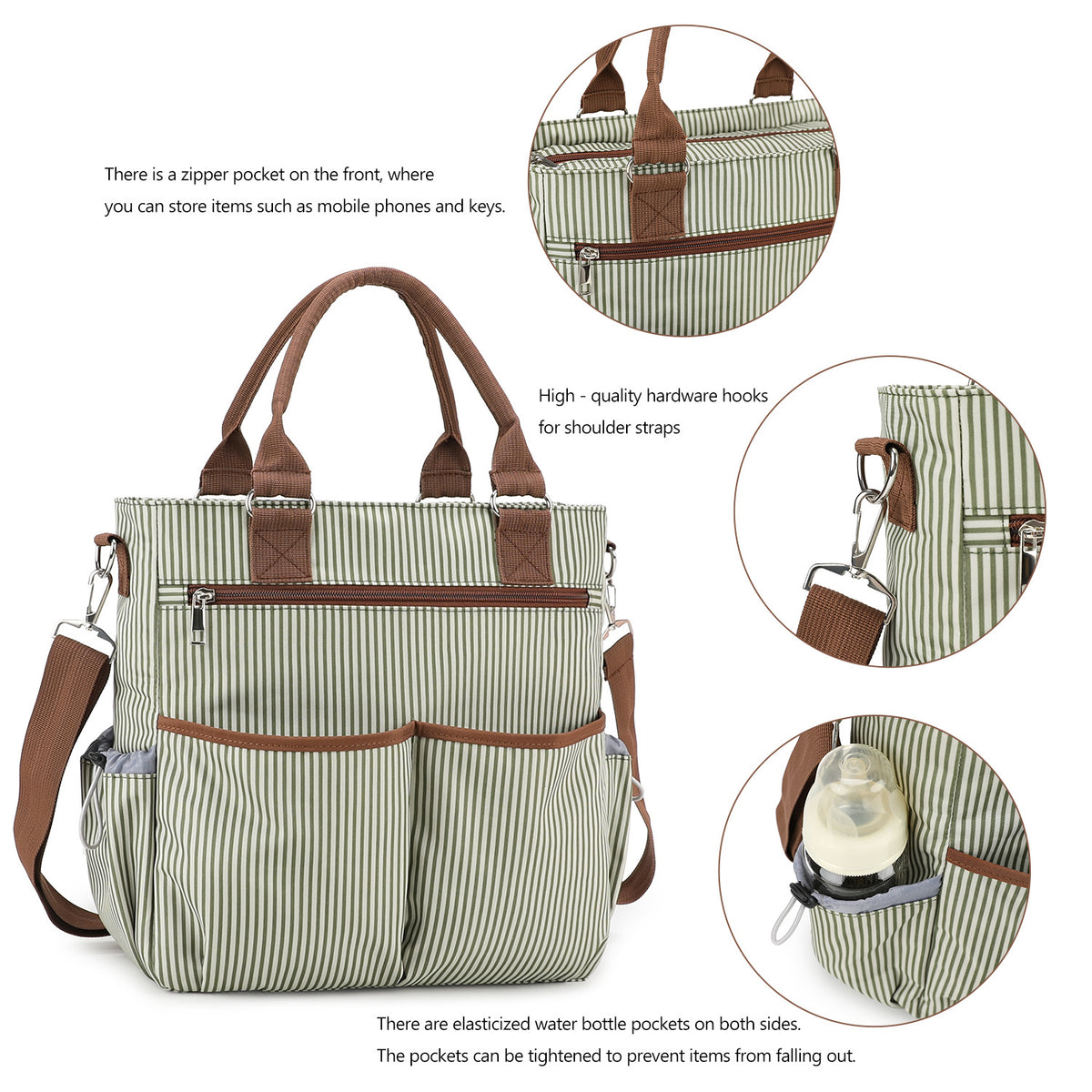 polyester diaper bag tote details showing front zipper pocket metal shoulder strap clips and drawstring bottle holder