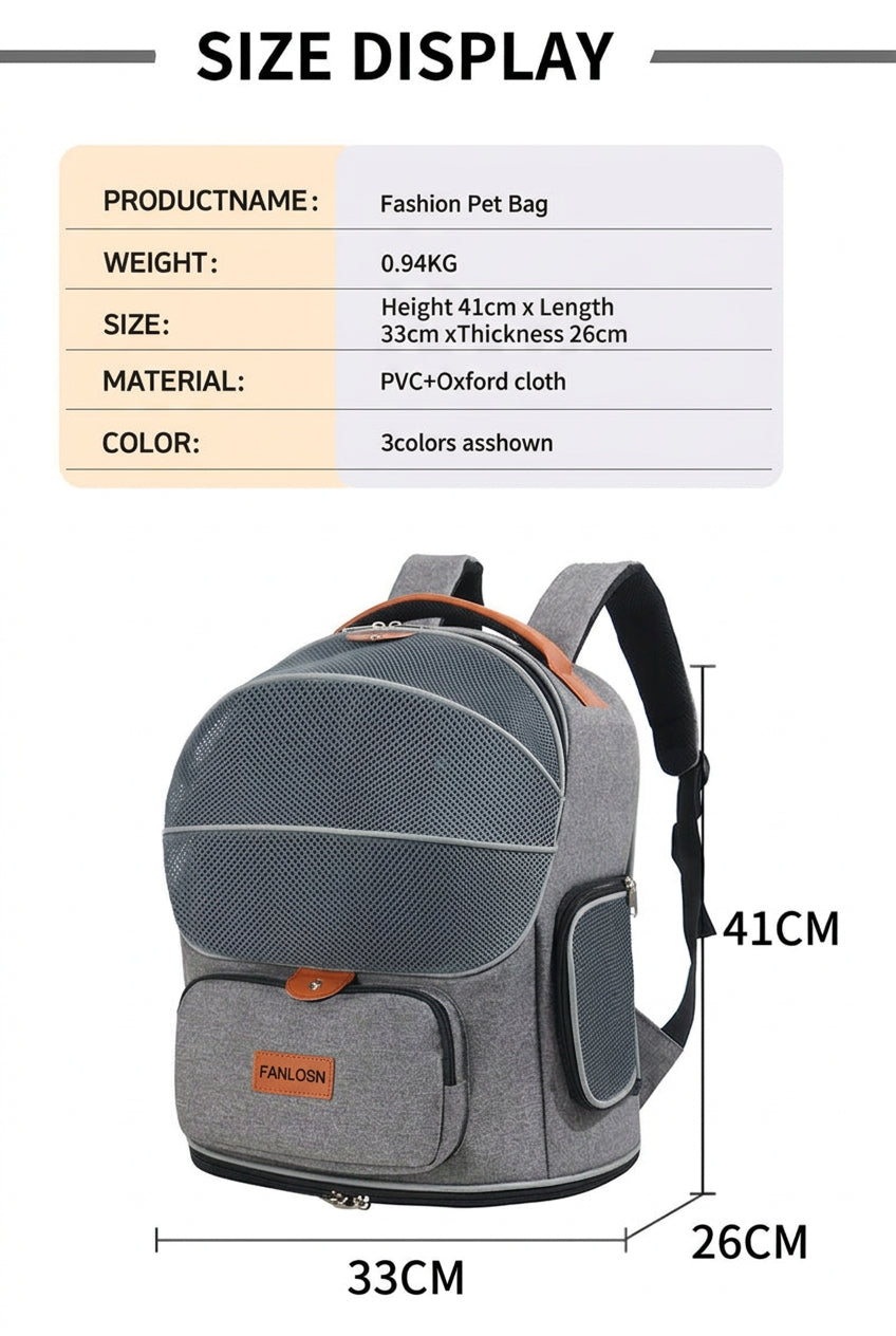 gray expandable pet carrier backpack dimension chart showing 33 cm width 26 cm depth and 41 cm height