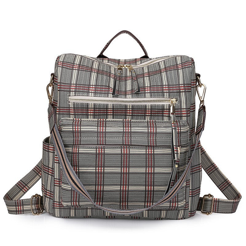 brown plaid four lines womens backpack with front zipper pockets top handle and patterned straps