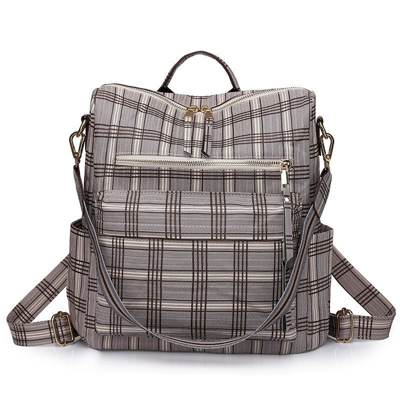 khaki plaid four lines womens backpack with front zipper compartments and coordinated patterned straps