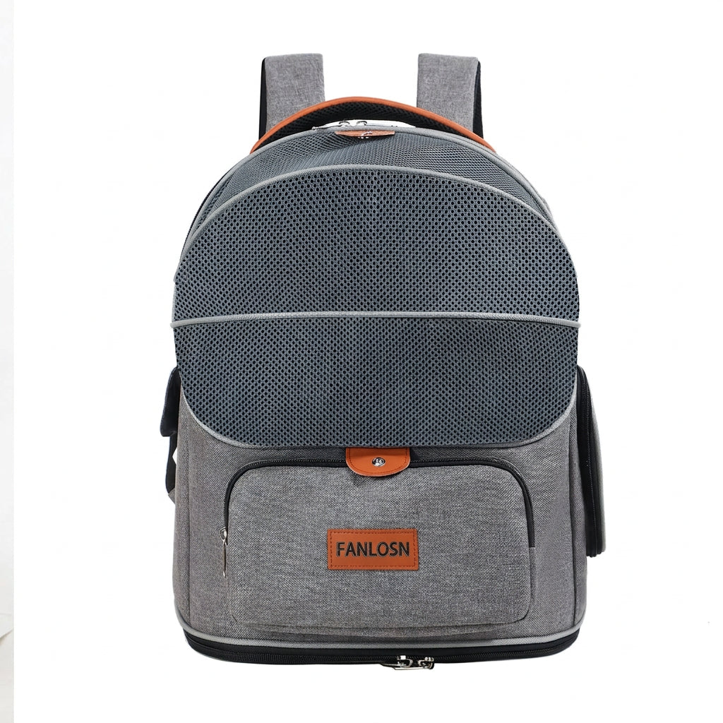 gray pet carrier backpack front view with curved mesh window front zipper pocket and orange logo patch