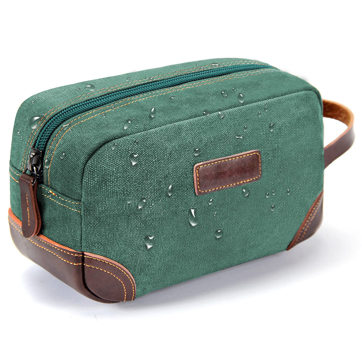 green vintage canvas toiletry bag with leather details