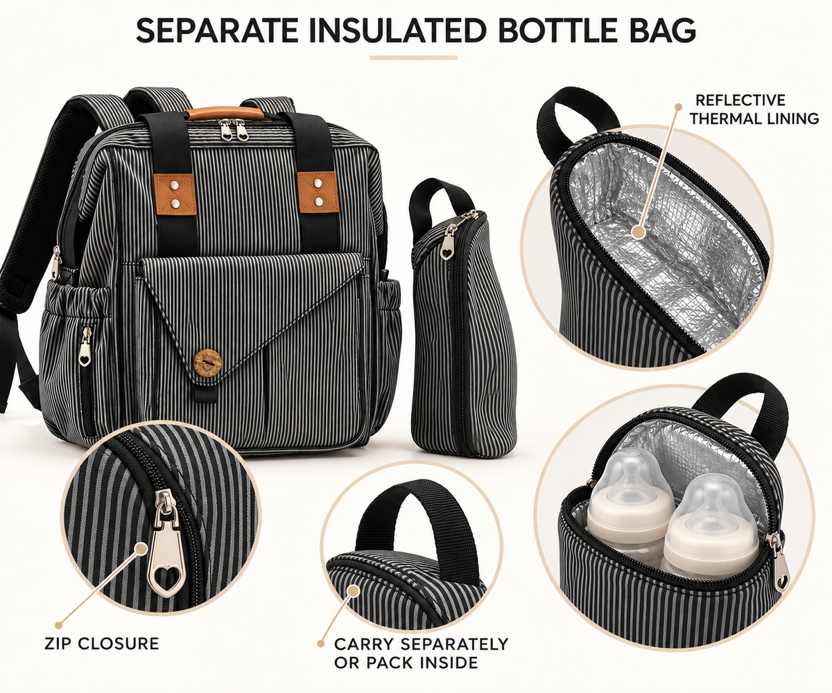 separate striped insulated bottle bag with reflective thermal lining dual zipper pulls carry loop and space for two baby bottles