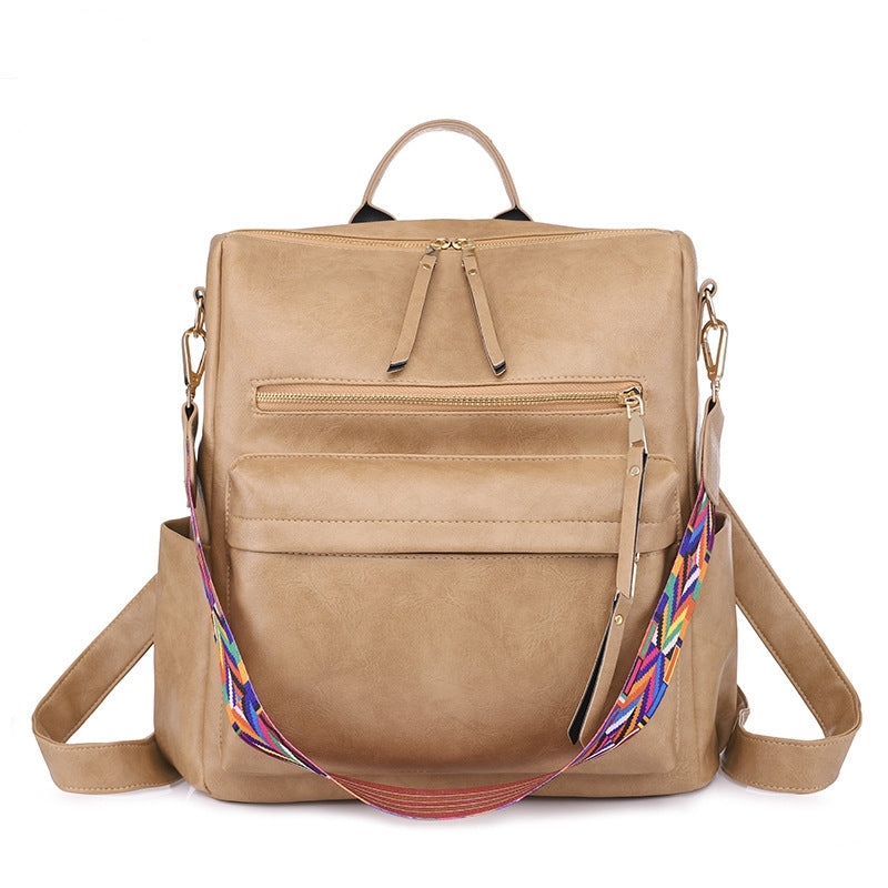 khaki pu womens multi pocket backpack with gold tone zippered pockets and woven shoulder strap