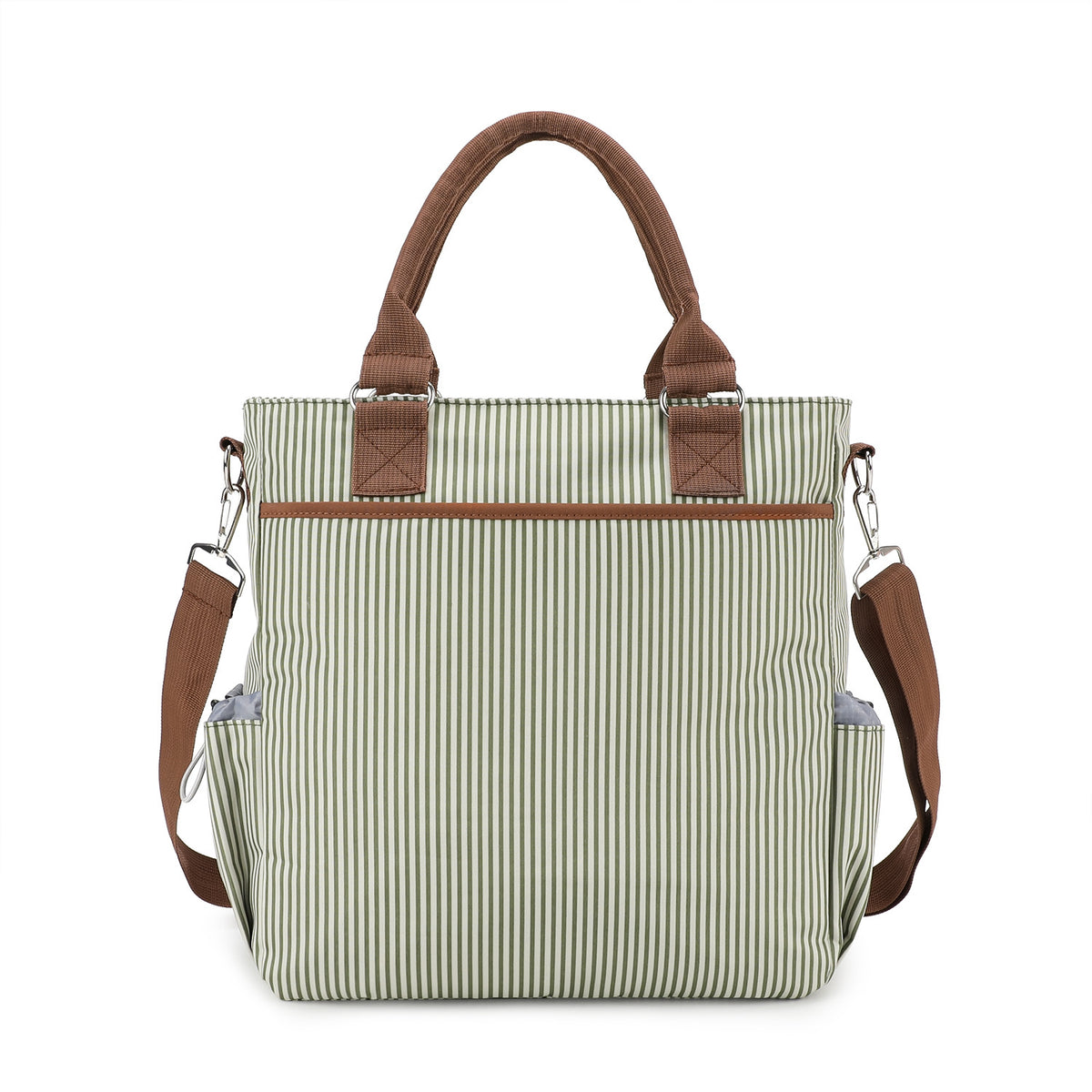 khaki striped diaper bag tote with brown top handles detachable shoulder strap two front slip pockets and front zipper