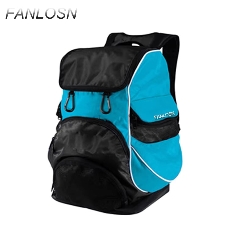 Lake blue and black private label swim backpack with front wet pocket, side mesh storage, two front attachment hooks and adjustable padded straps