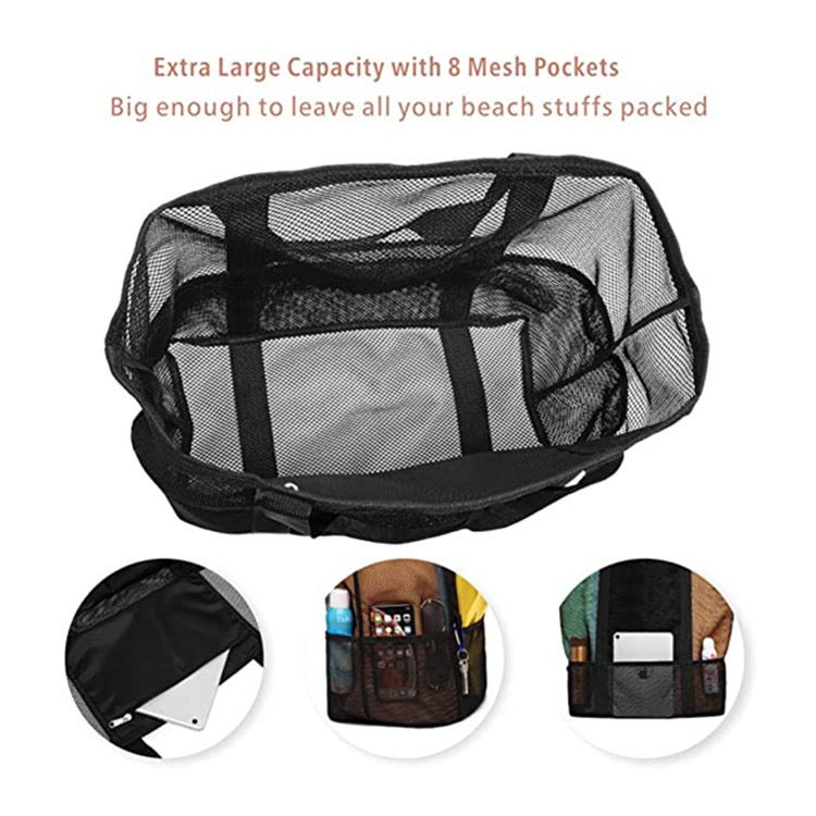 large mesh tote bag with 8 storage pockets for phone bottle tablet and beach items