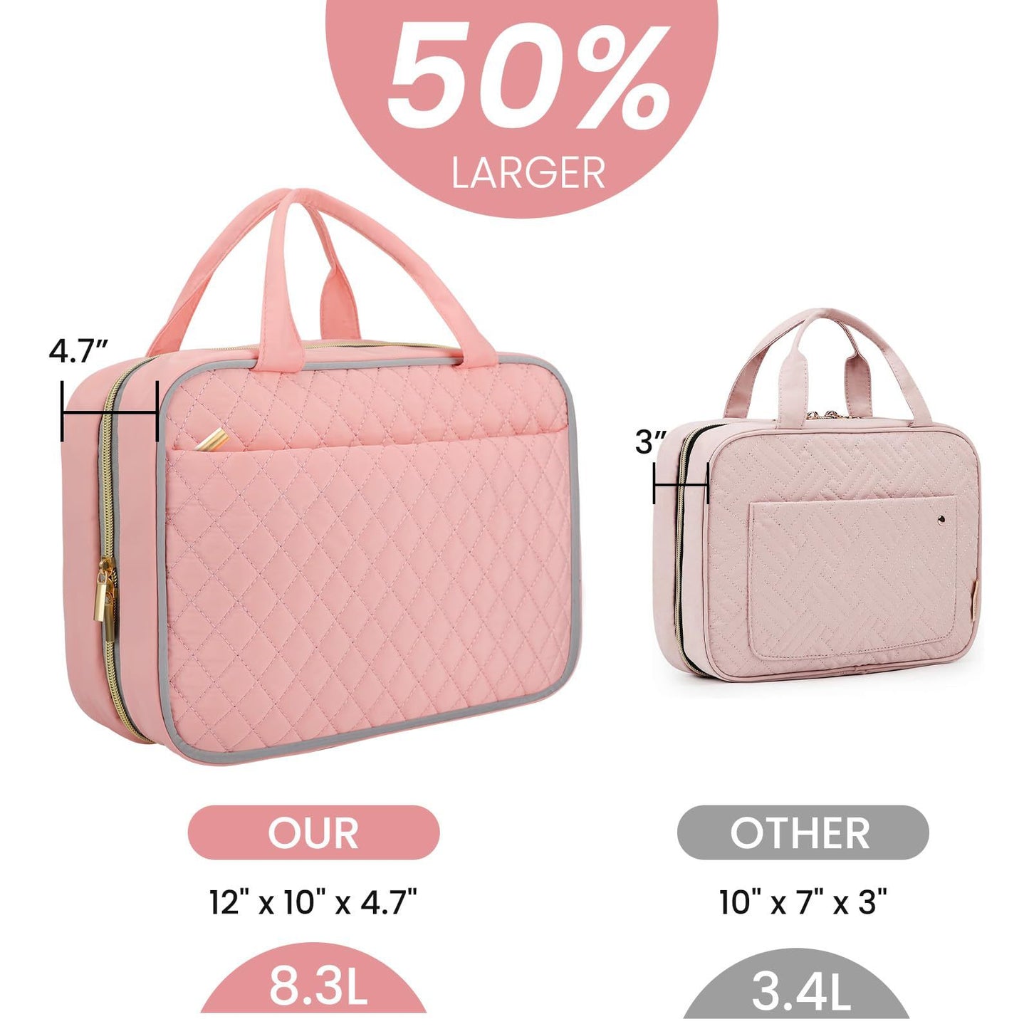 large quilted pink cosmetic bag size comparison for travel storage