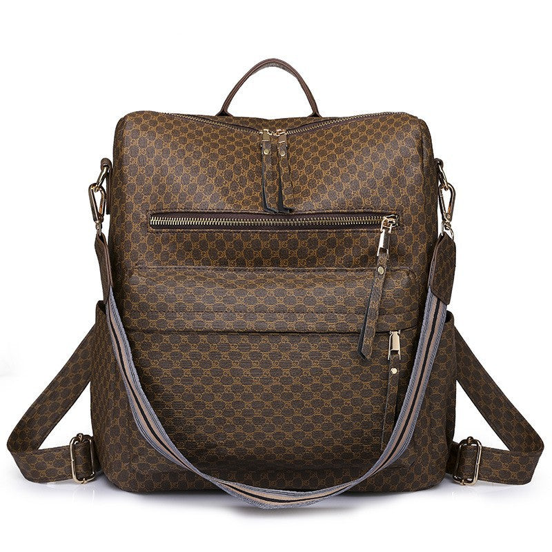 brown geometric lg pattern womens backpack with front zipper pockets and matching patterned shoulder strap