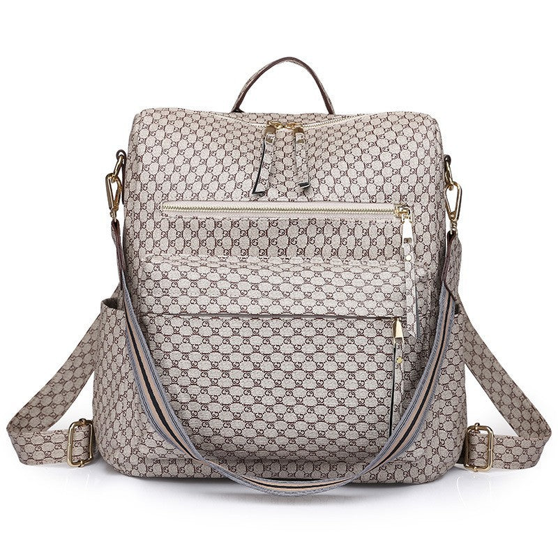khaki geometric lg pattern womens backpack with front zipper storage top handle and shoulder straps