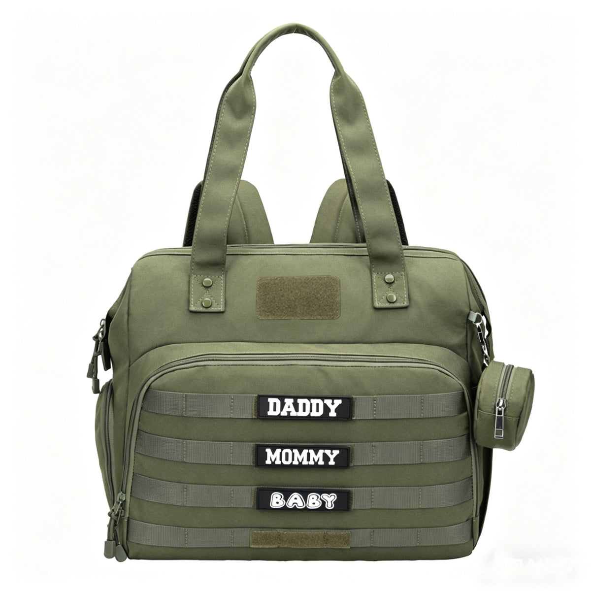 olive green tactical diaper bag tote with front organizer pocket webbing rows carrying handles and round pacifier pouch