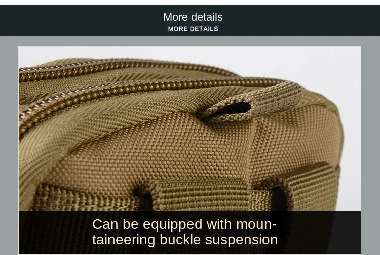 oxford tactical pouch close up showing the top hanging loop zipper teeth and reinforced webbing stitching