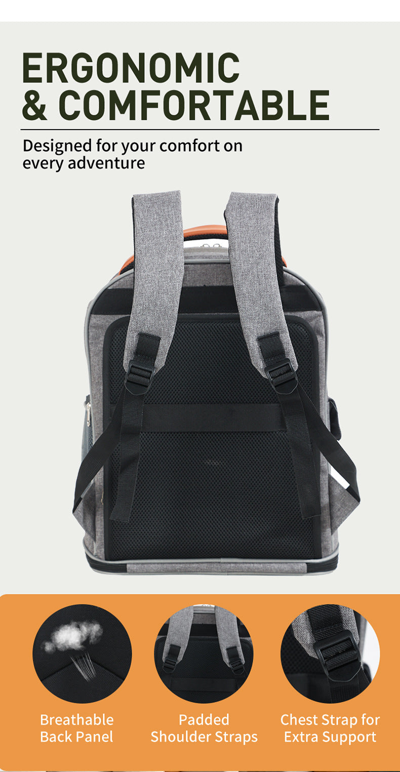 rear view of gray pet carrier backpack showing padded shoulder straps mesh back panel and luggage strap