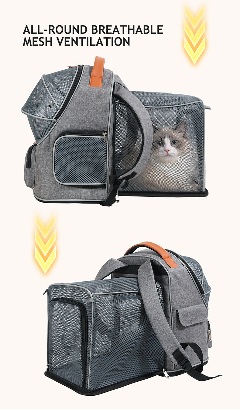 expandable pet backpack carrier showing rear mesh compartment extended in side and back views