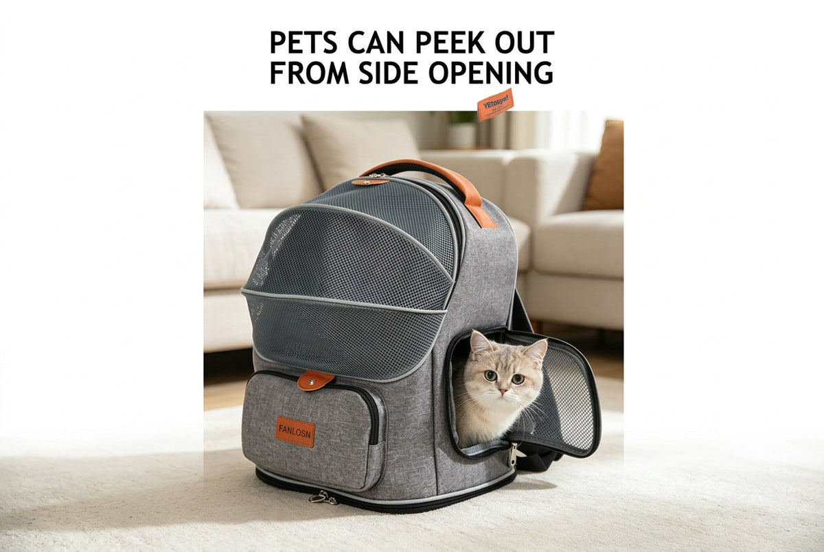 gray pet backpack carrier with cat looking out through open side access panel