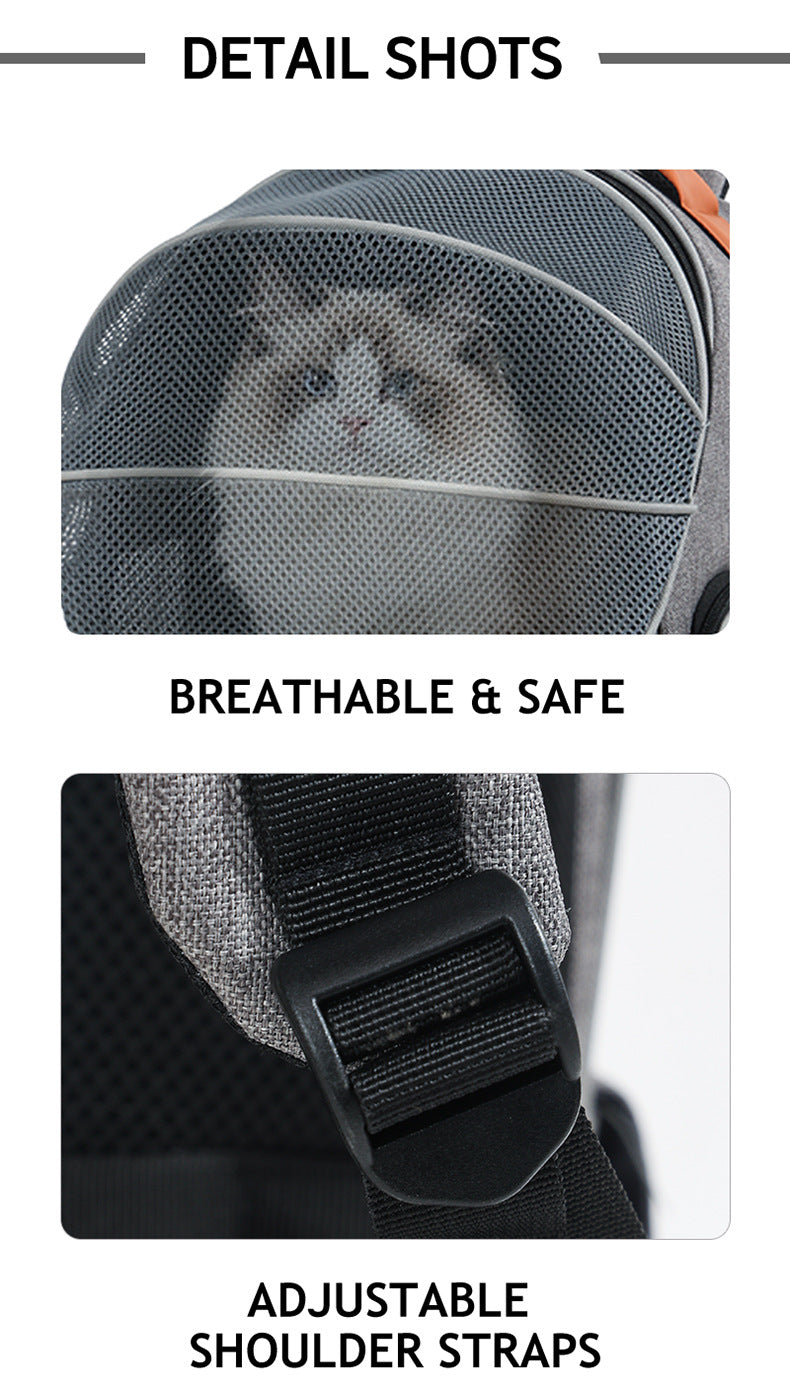 close up details of pet carrier backpack showing breathable front mesh and adjustable shoulder strap buckle
