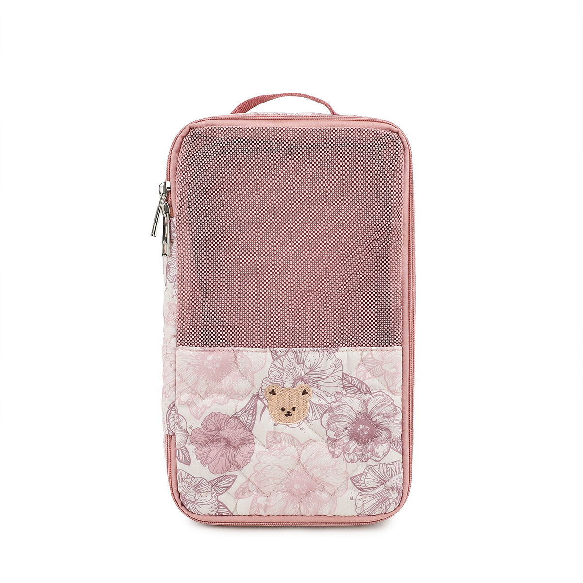 pink floral baby clothes organizer pouch with pink mesh storage panel embroidered bear patch and carry handle