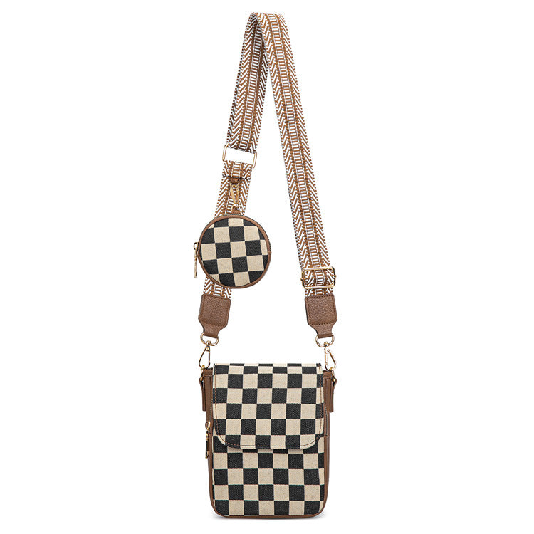 plaid brown crossbody phone bag with brown and black checkered body matching round coin purse and woven strap