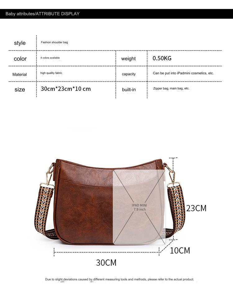 brown pu shoulder bag size guide showing 30 cm width 23 cm height 10 cm depth and approximate 0.50 kg weight