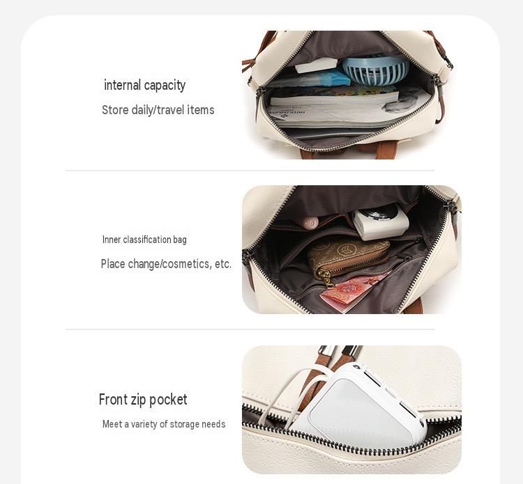 open white pu womens backpack showing main compartment internal organizer pockets and front zippered storage