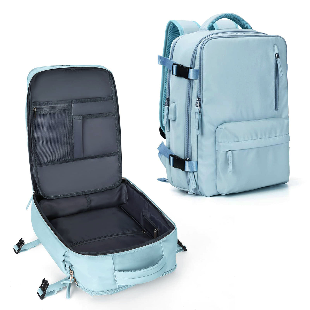 sky blue travel backpack with wide opening design and separated packing compartments