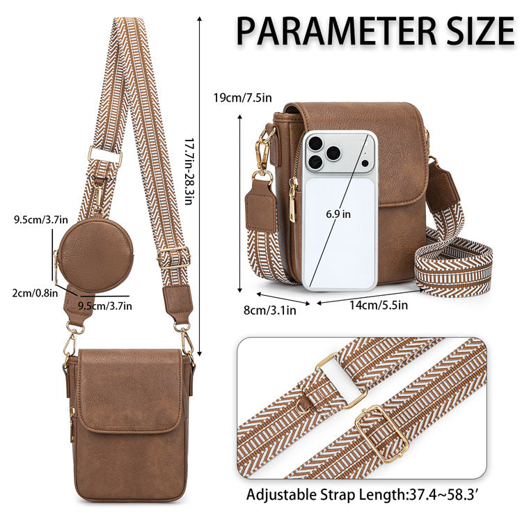 small crossbody phone bag size chart showing 14 cm width 19 cm height 8 cm depth adjustable strap and round coin purse