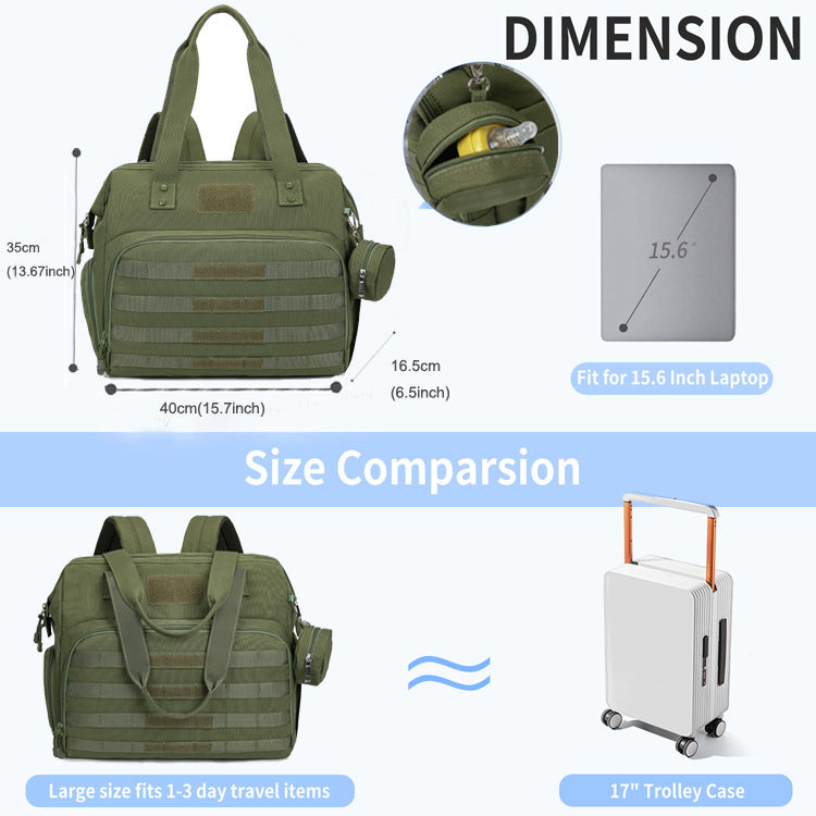 tactical diaper bag dimensions showing 40 cm width 16.5 cm depth and 35 cm height with 15.6 inch laptop size comparison