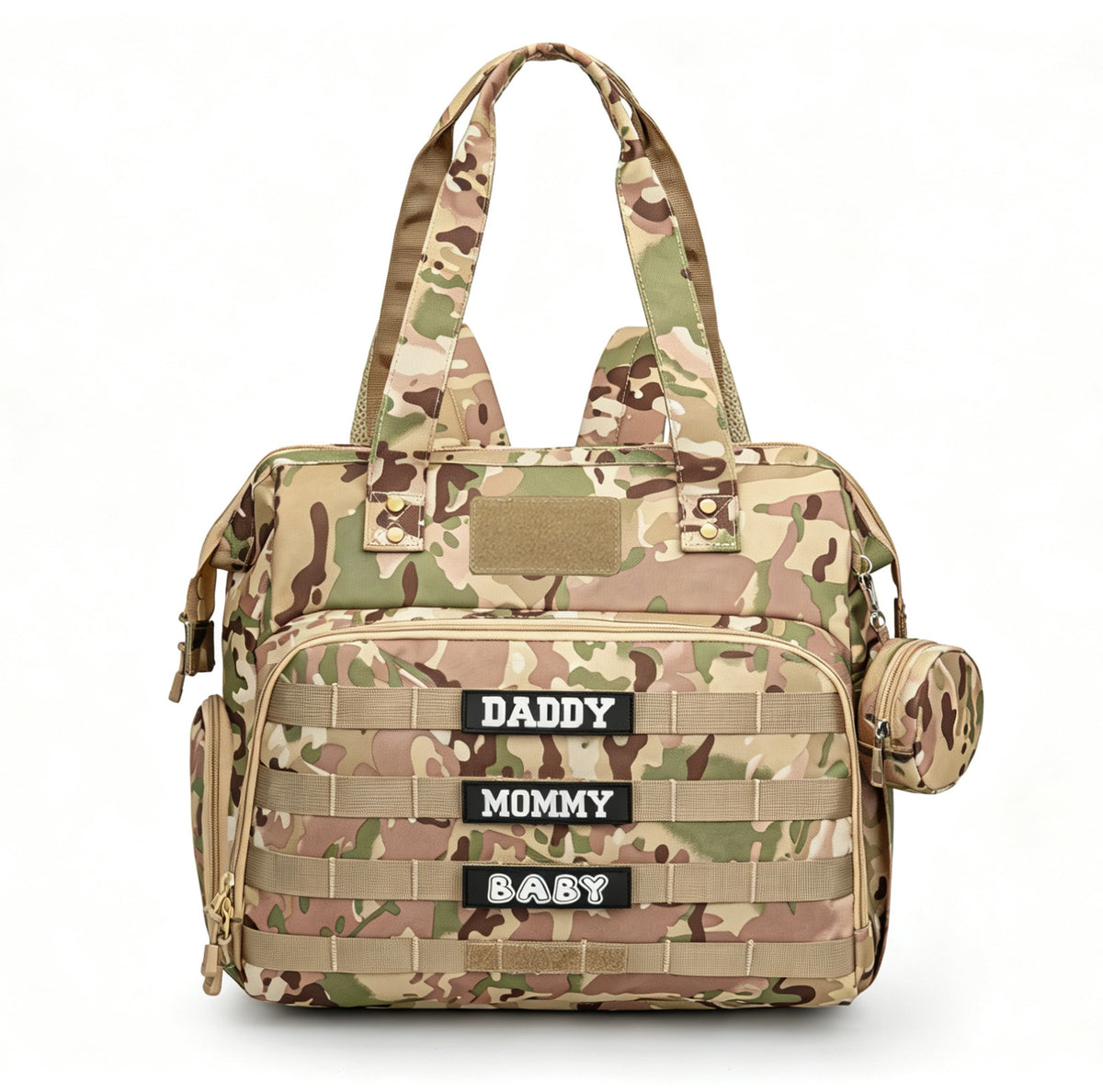 tan camouflage diaper bag tote with tactical front webbing two top handles patch area and side zipper storage