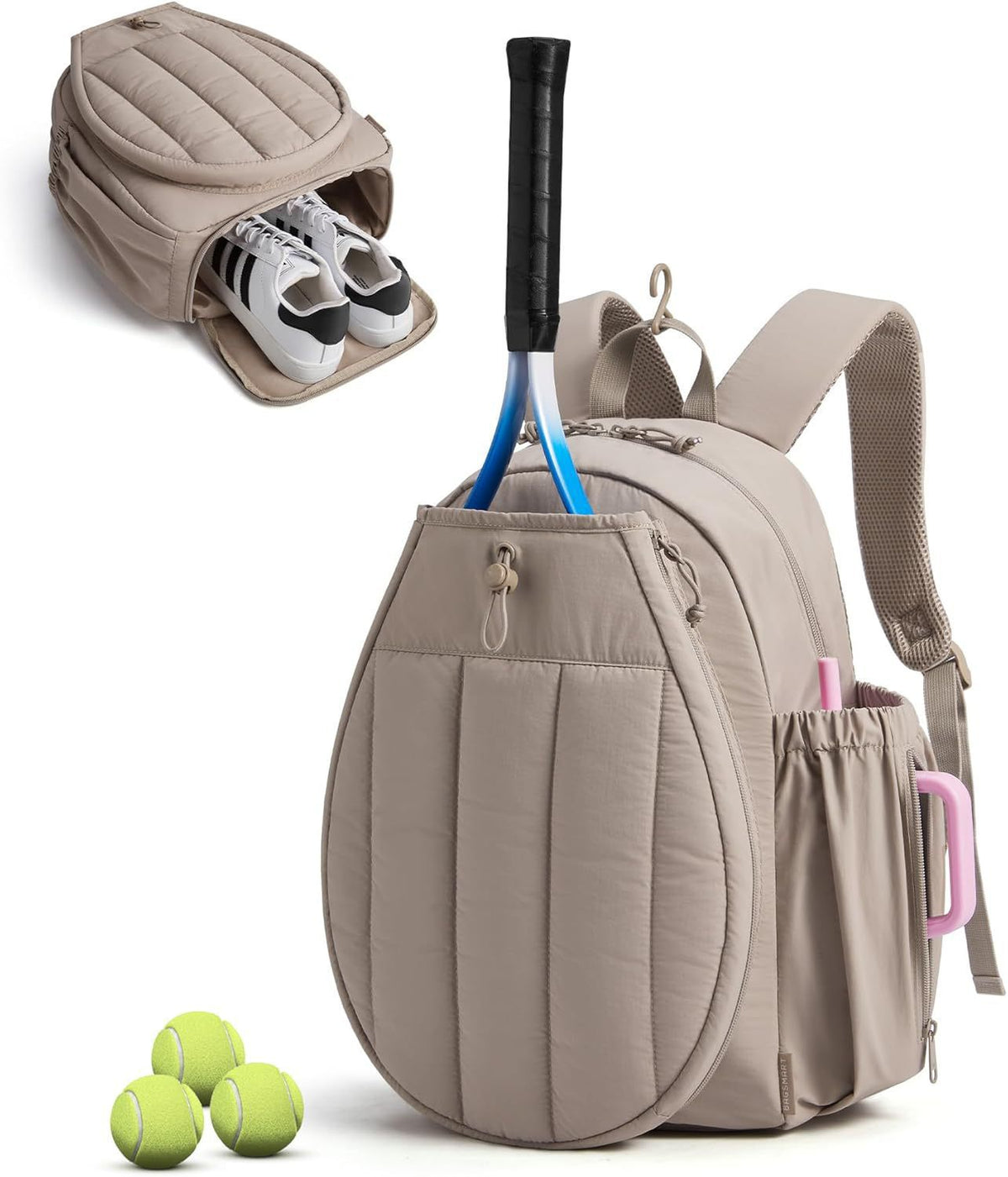 taupe tennis and pickleball sports backpack with dedicated racket section separate shoe compartment and side storage