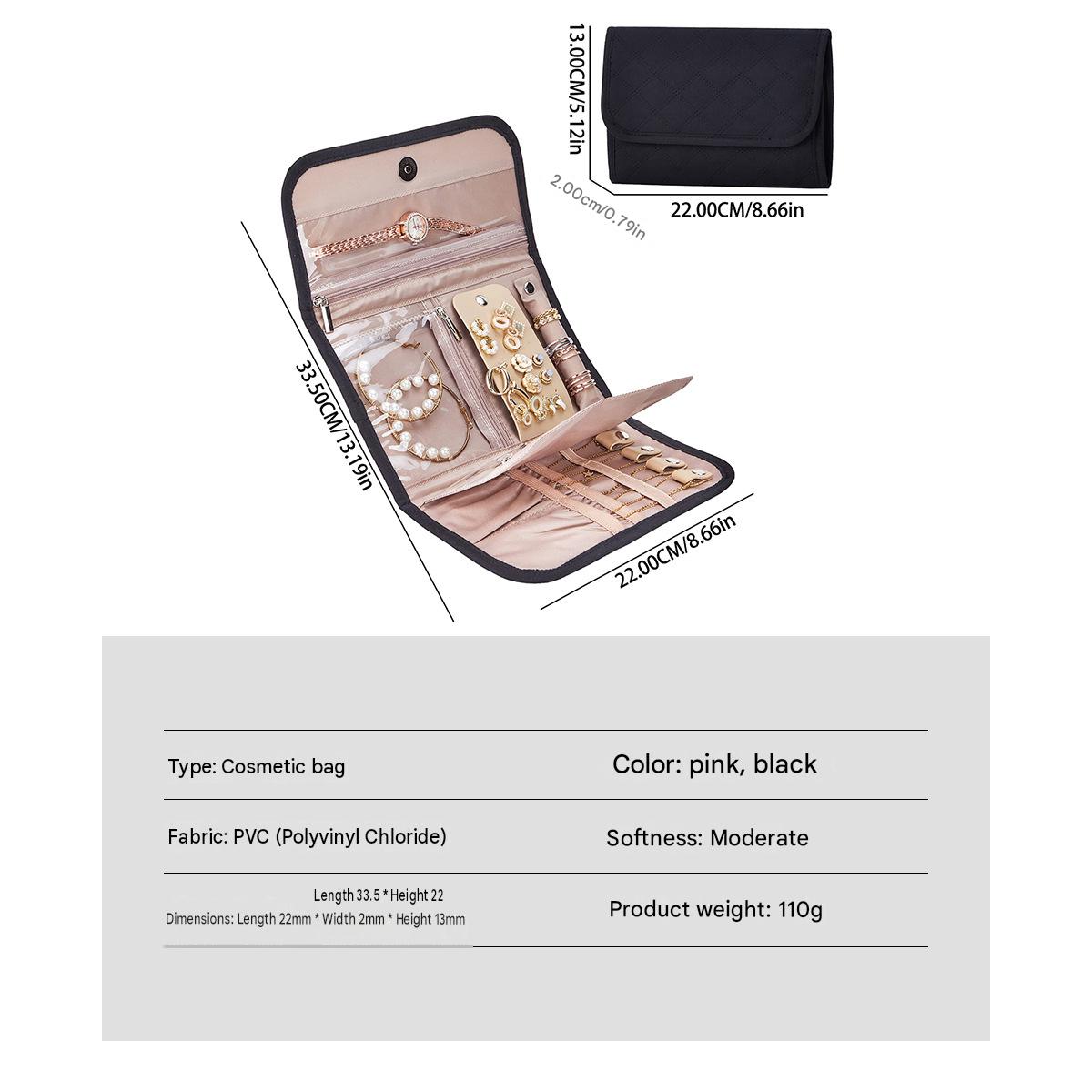 travel jewelry organizer specifications showing folded size 22 x 13 x 2 cm open layout clear PVC sections and 110 gram reference weight