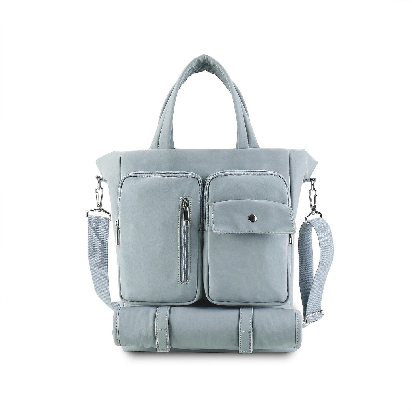 light blue nylon travel mummy bag,women,front