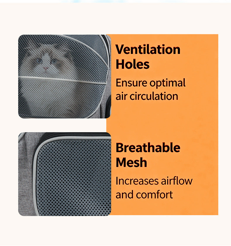 close up of gray pet carrier backpack front mesh panel showing perforated ventilation surface