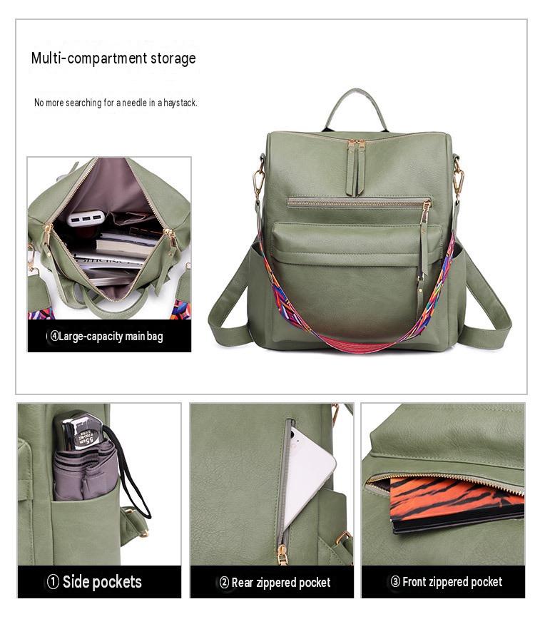 multi pocket womens backpack showing main compartment side pockets rear zipper pocket and front zipper storage