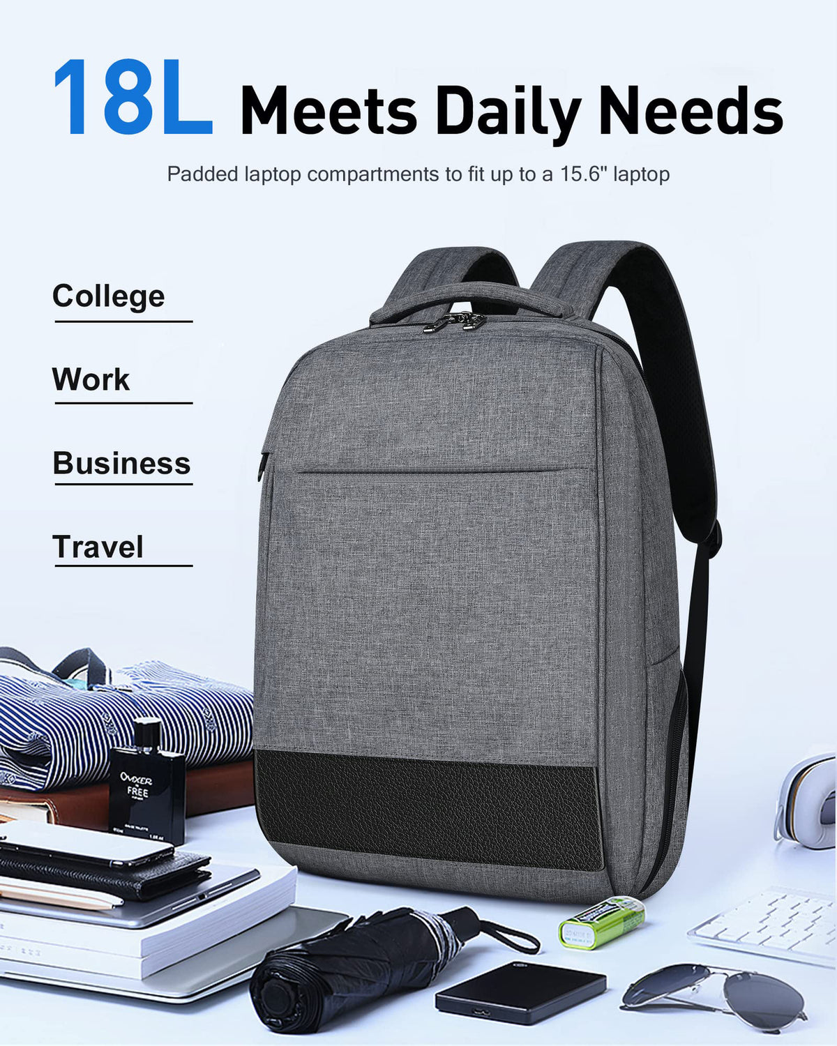 18l business travel laptop backpack with 15.6 inch laptop compartment