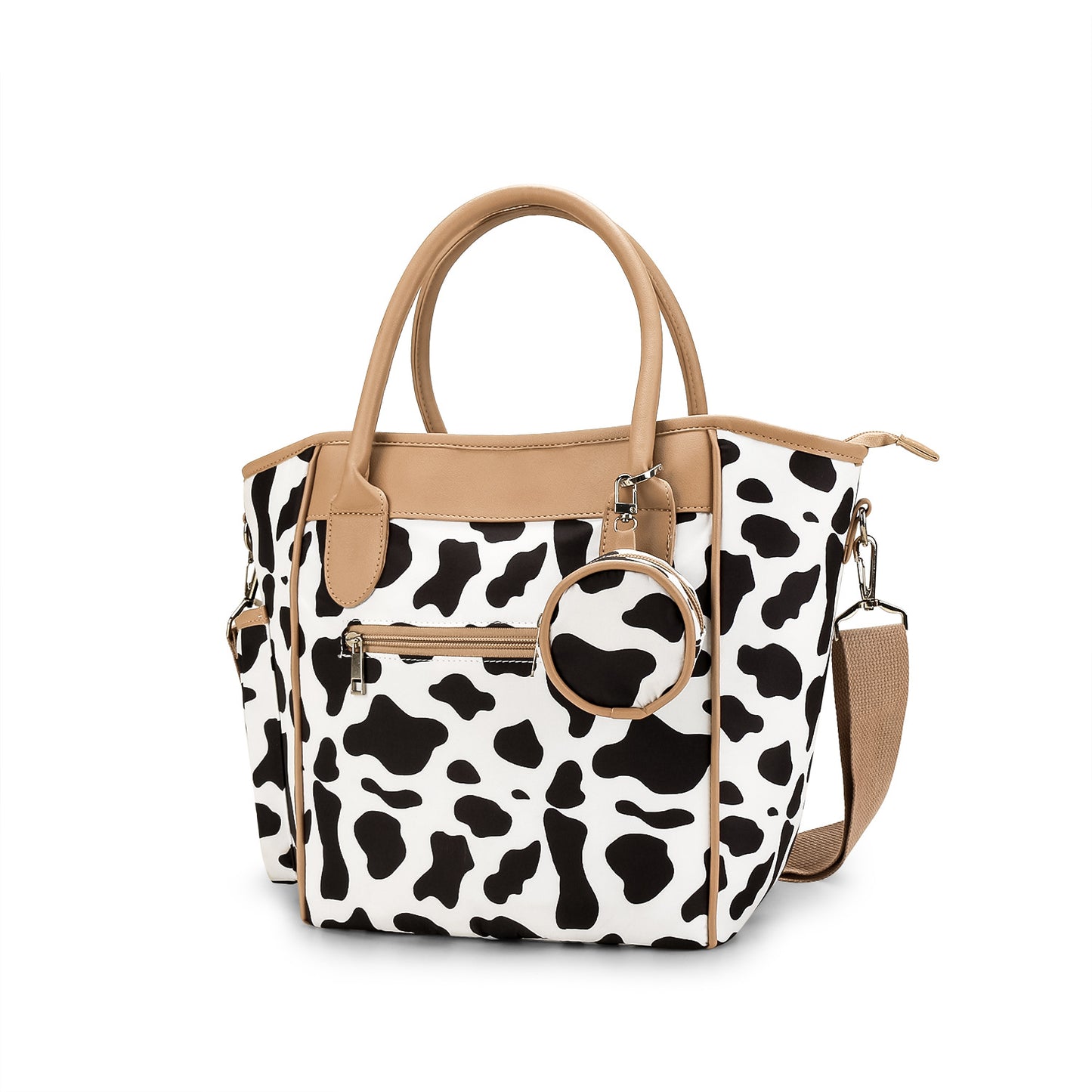 cow print diaper bag tote with detachable strap and organized storage