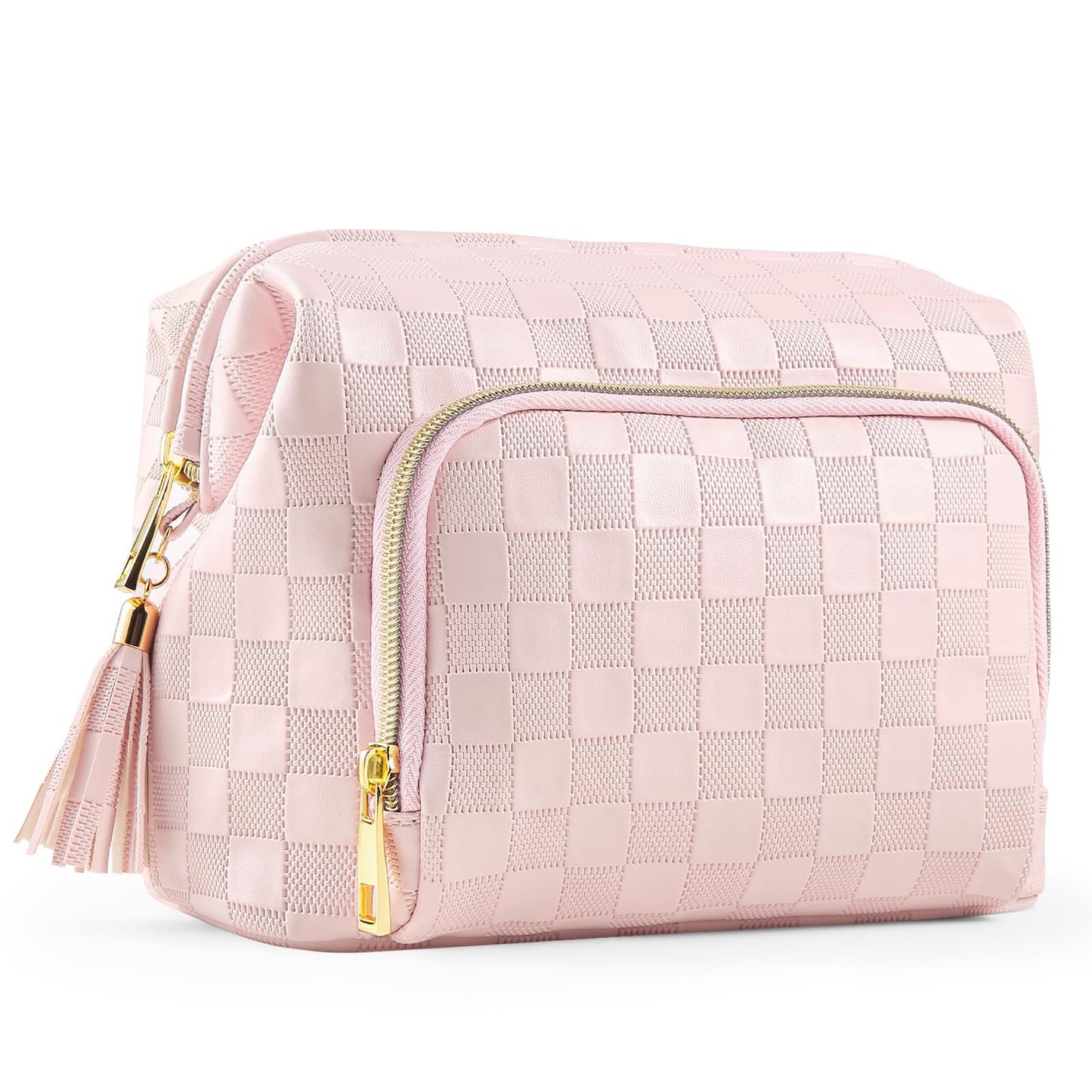 pink leather cosmetic bag with checkerboard pattern and tassel decoration