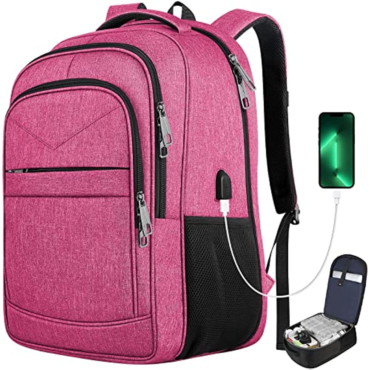 rose red multi-compartment college backpack with usb access, side mesh pocket and padded shoulder straps
