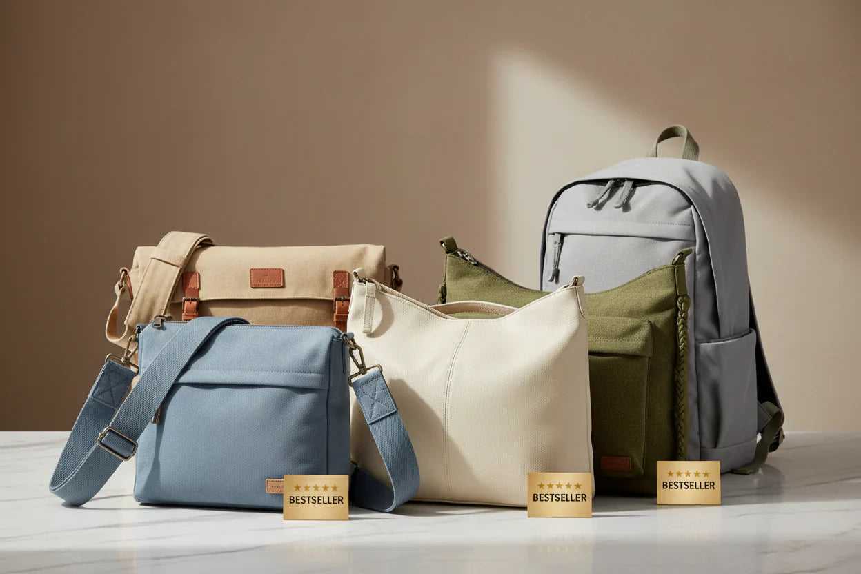 This image showcases a selection of best-selling products, primarily casual bags, beautifully arranged on a clean white marble surface.