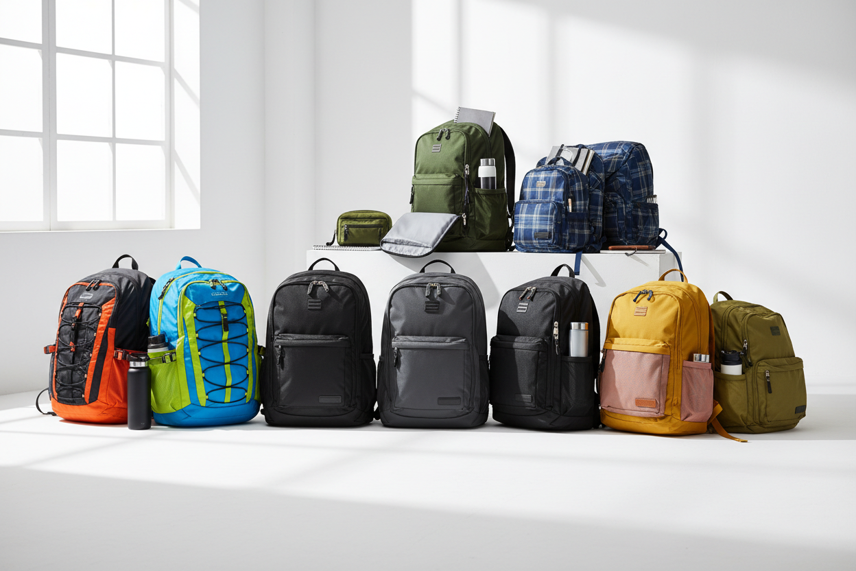 This image showcases a range of multi-functional backpacks, beautifully arranged on a clean white surface.